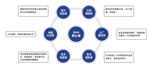 Java核心課涵蓋Java基礎(chǔ)、面向?qū)ο缶幊獭⒑诵目蚣芎统Ｓ霉ぞ?、?shù)據(jù)庫、Web前端、中間件、軟件運(yùn)維、微服務(wù)、云原生、AI大模型、AI編程工具等全套知識(shí)體系和大廠項(xiàng)目實(shí)戰(zhàn)。